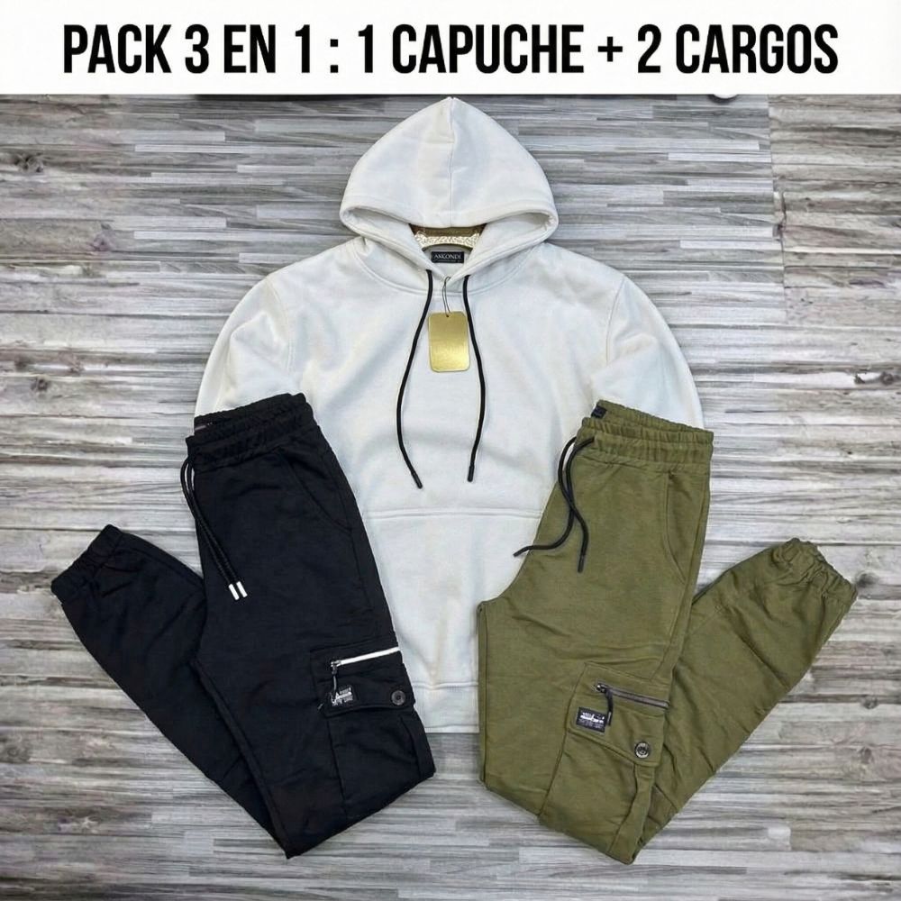 Pack 3 en 1 Streetwear - 1 Capuche + 2 Cargos REF0052