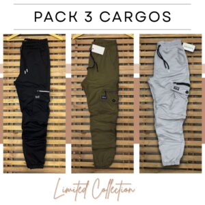 Pack 3 Pantalons Cargo - (Noir, Vert Militaire, Gris Claire) REF0056
