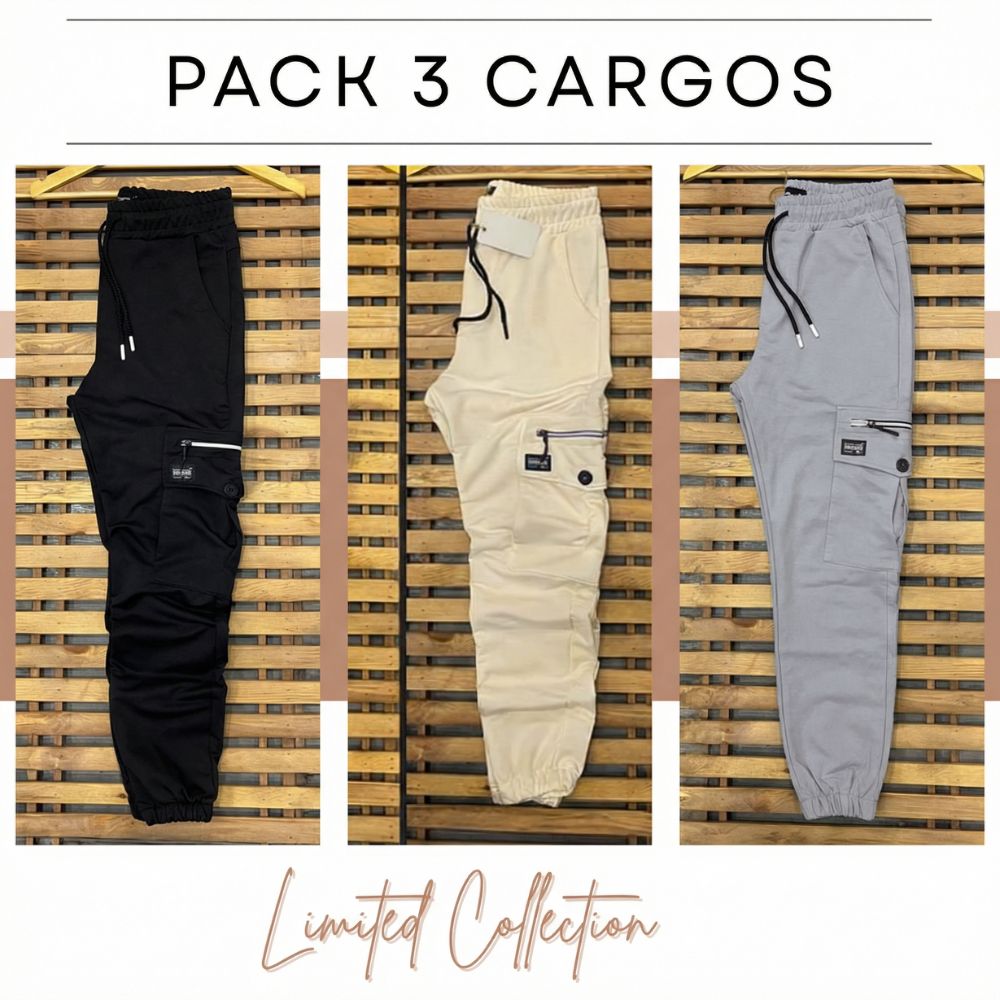 Pack 3 Pantalons Cargo - (Noir, Ecru, Gris Claire) REF0057